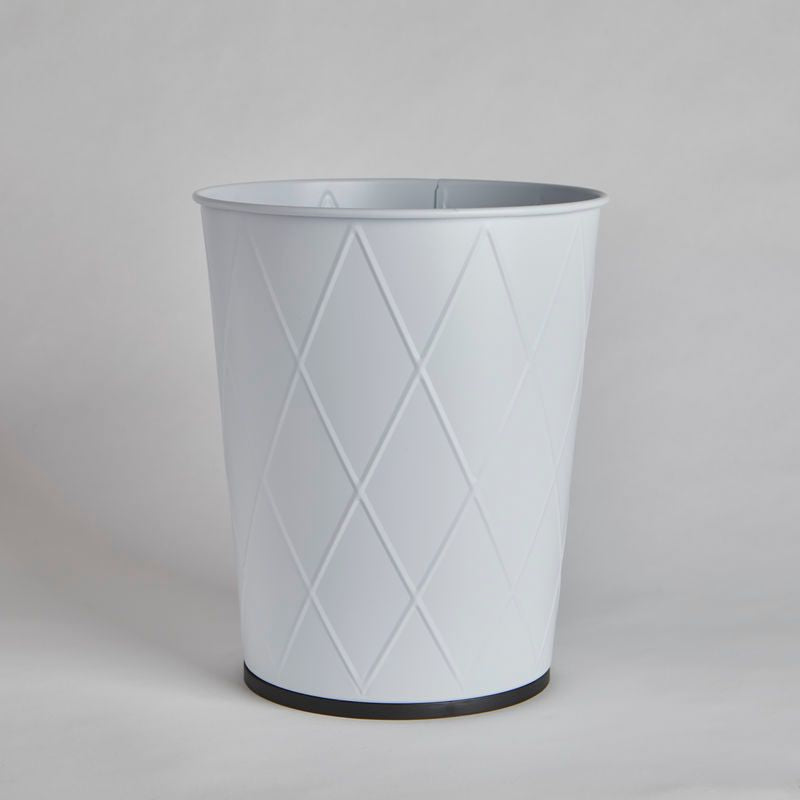White waste basket with subtle harlequin pattern and black base suitable for bathroom and home organization under $50