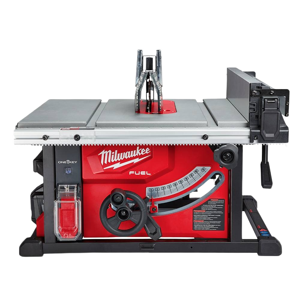 Red and black Milwaukee hardwood table saw with One-Key technology for precision woodworking and power tool projects
