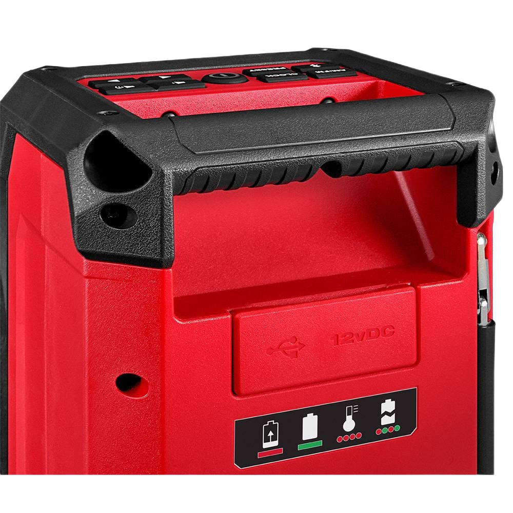 Red and black cordless radio and charger with control buttons and battery status indicators for home improvement use