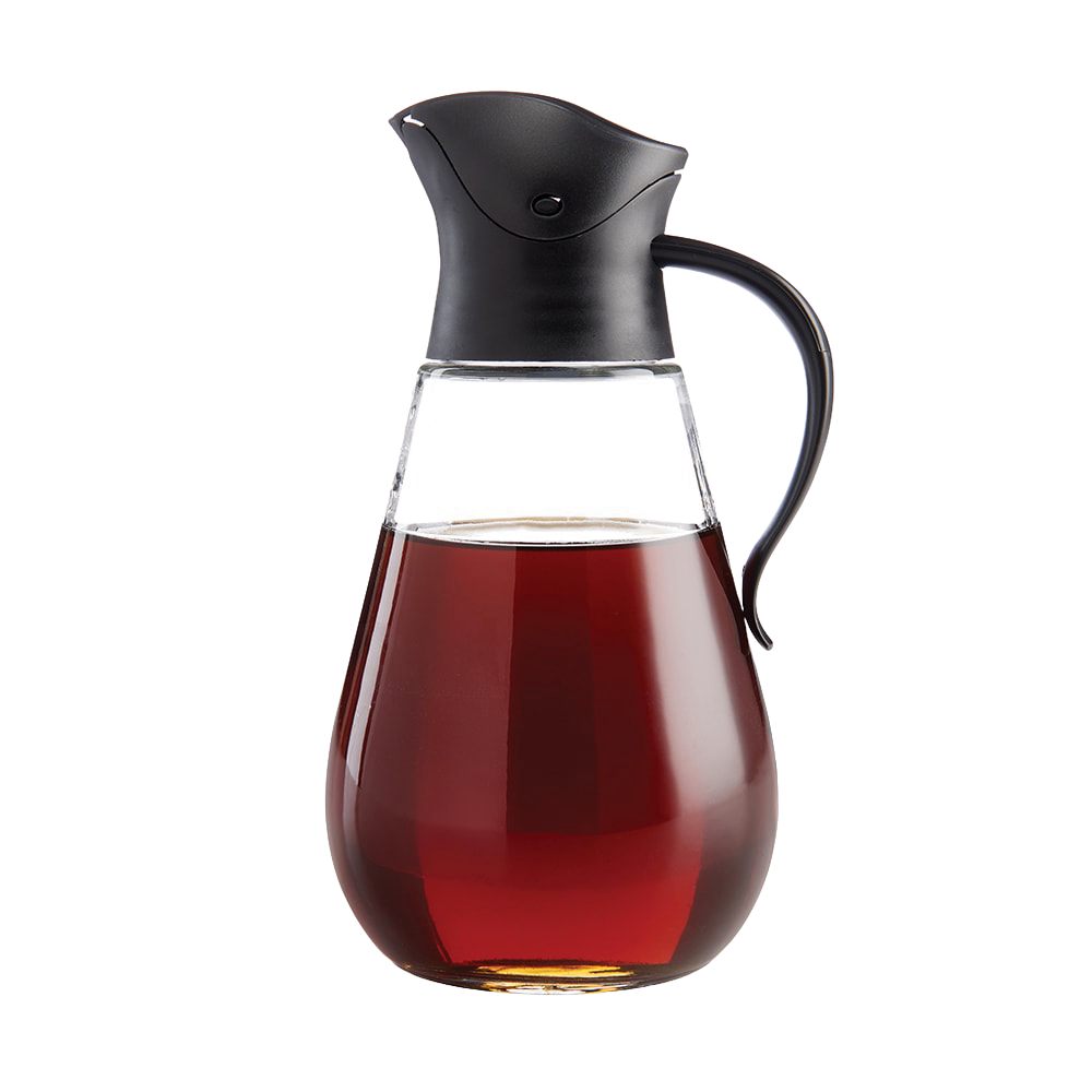 Clear glass syrup dispenser with black lid and handle for kitchen storage and food organization collections