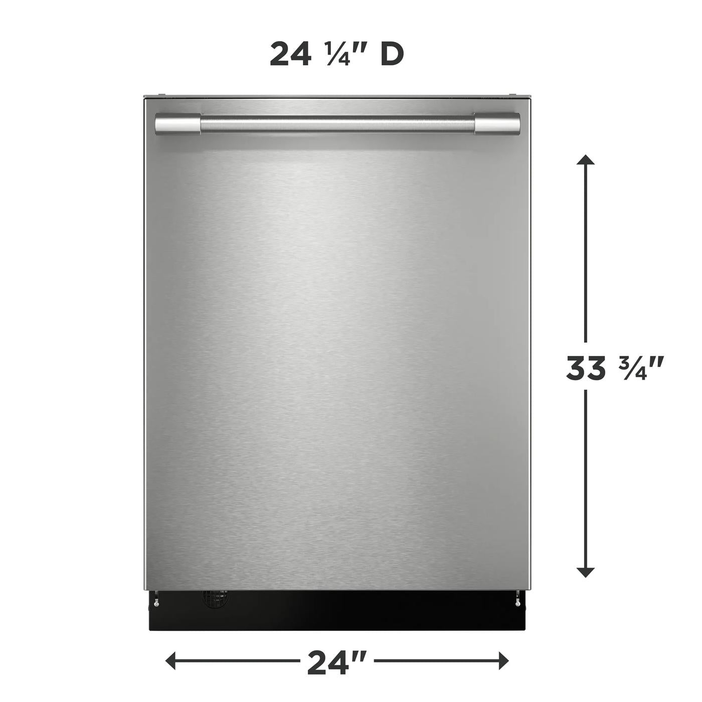 Front view of a stainless steel 24-inch built-in dishwasher with modern handle for kitchen improvement