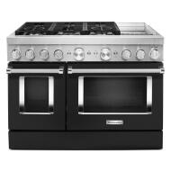 48-inch commercial-style dual fuel range with six gas burners, electric double ovens, and chrome griddle in ranges collection