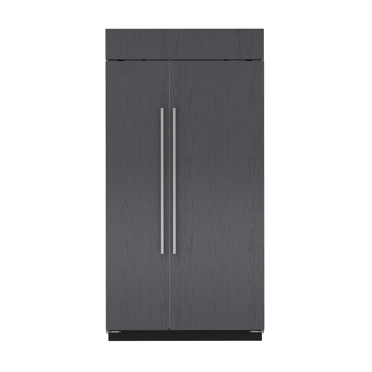 Built-in dark wood side-by-side refrigerator with long stainless steel handles in kitchen appliances collection