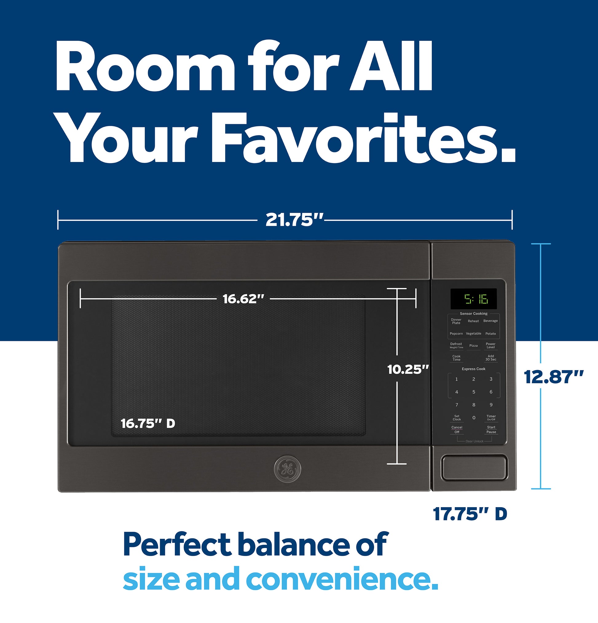 Black countertop microwave oven with digital control panel and labeled dimensions for kitchen and appliance collections