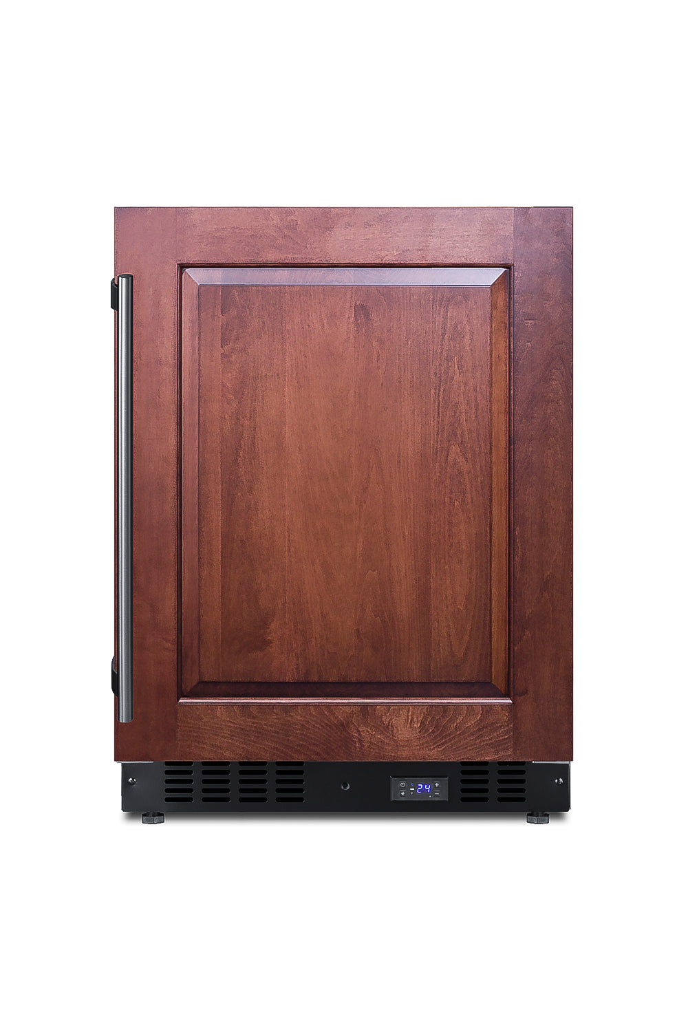 Built-in undercounter all-freezer with custom wood panel door and digital temperature display on black vented base