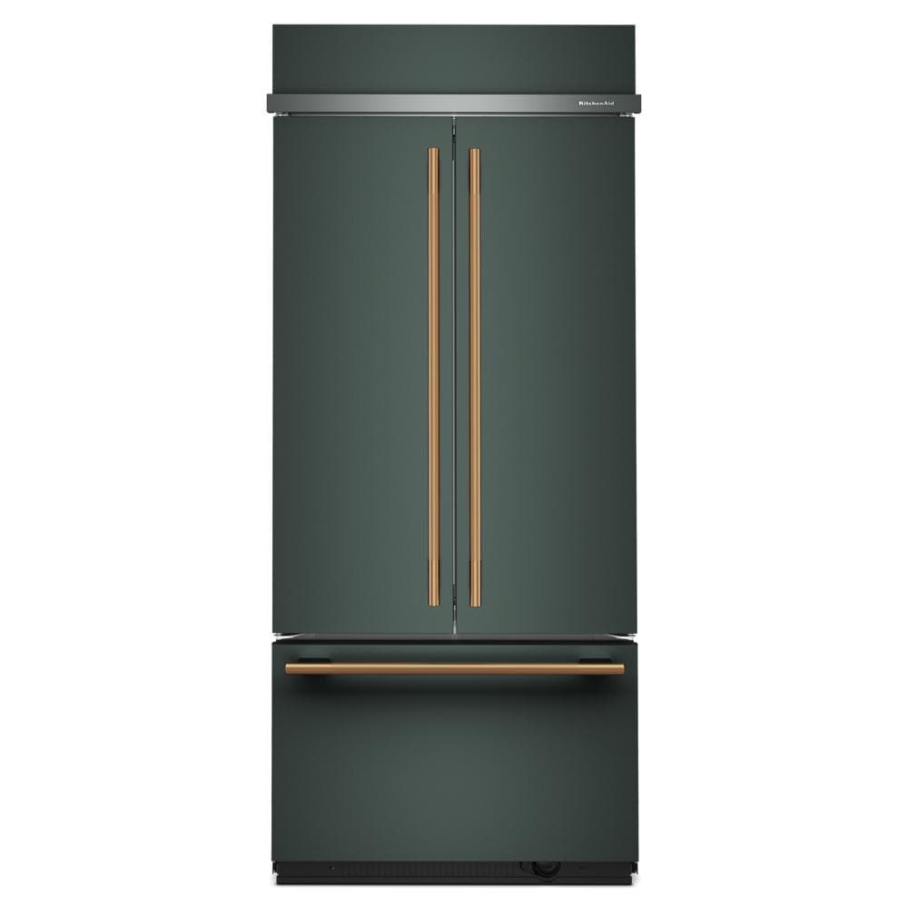 Built-in 36 inch French door bottom freezer refrigerator with dark finish and bronze handles from KitchenAid appliances collection