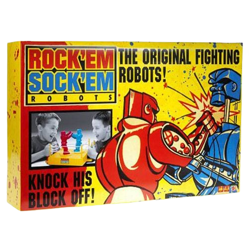 Vintage style box for classic Rock 'Em Sock 'Em Robots game featuring red and blue battling robots in Toys & Games collection