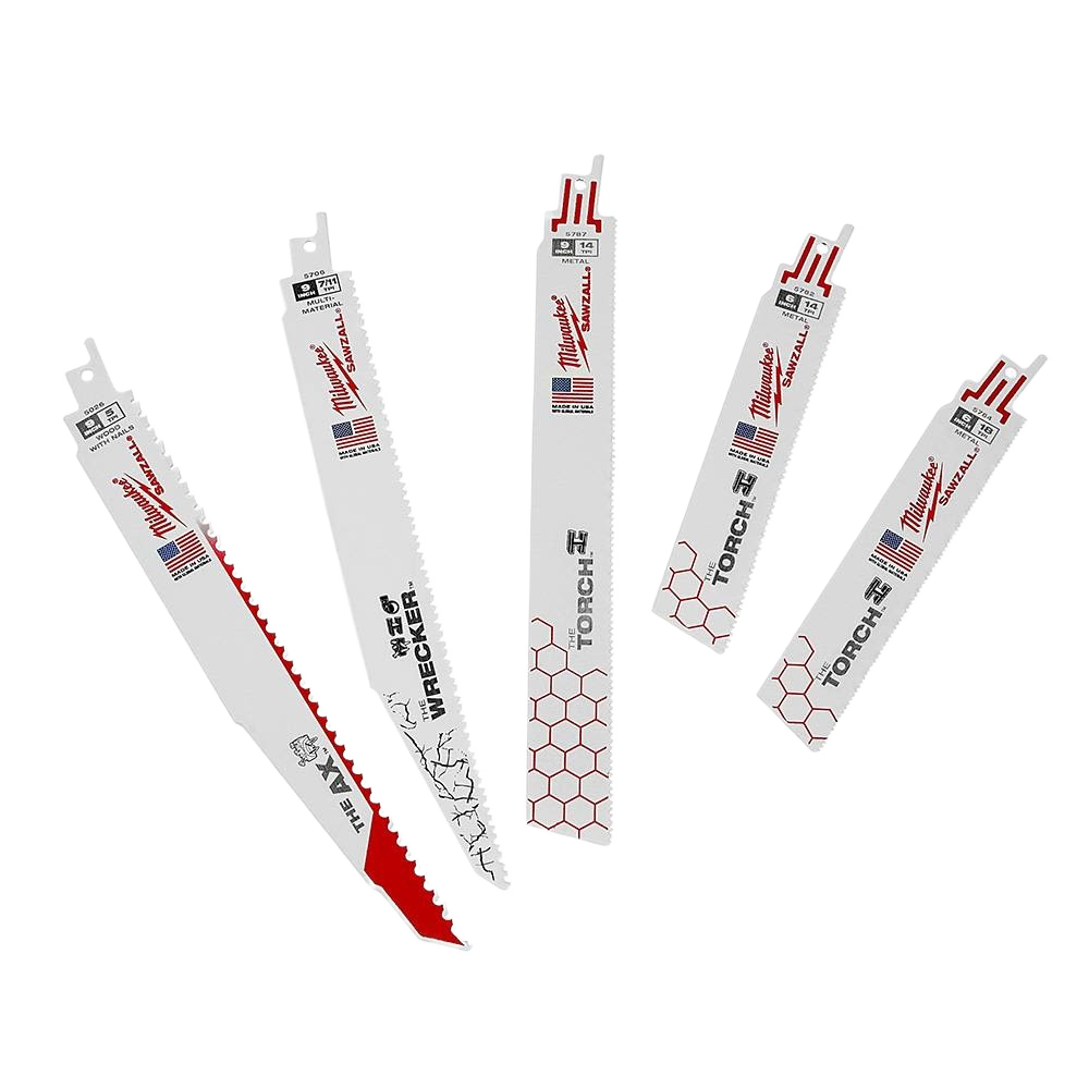Set of five Milwaukee demolition saw blades with specialized tips for heavy-duty cutting in power tool accessories collections