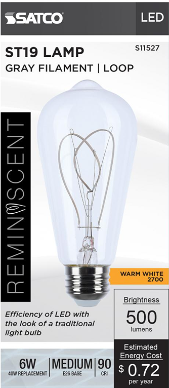 Clear ST19 LED lamp with gray loop filament, warm white 2700K light, medium E26 base, energy-efficient for lighting and electrical projects under $50