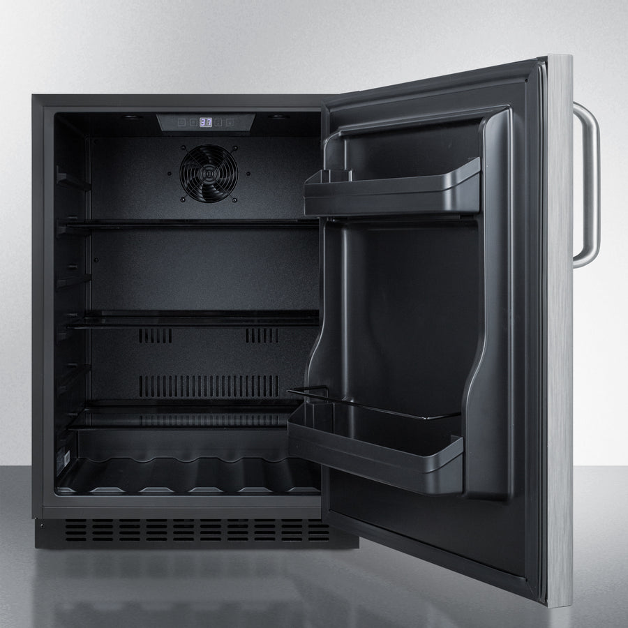 Open compact built-in refrigerator in black with adjustable shelves, door bins, and bottle rack in kitchen appliance collection