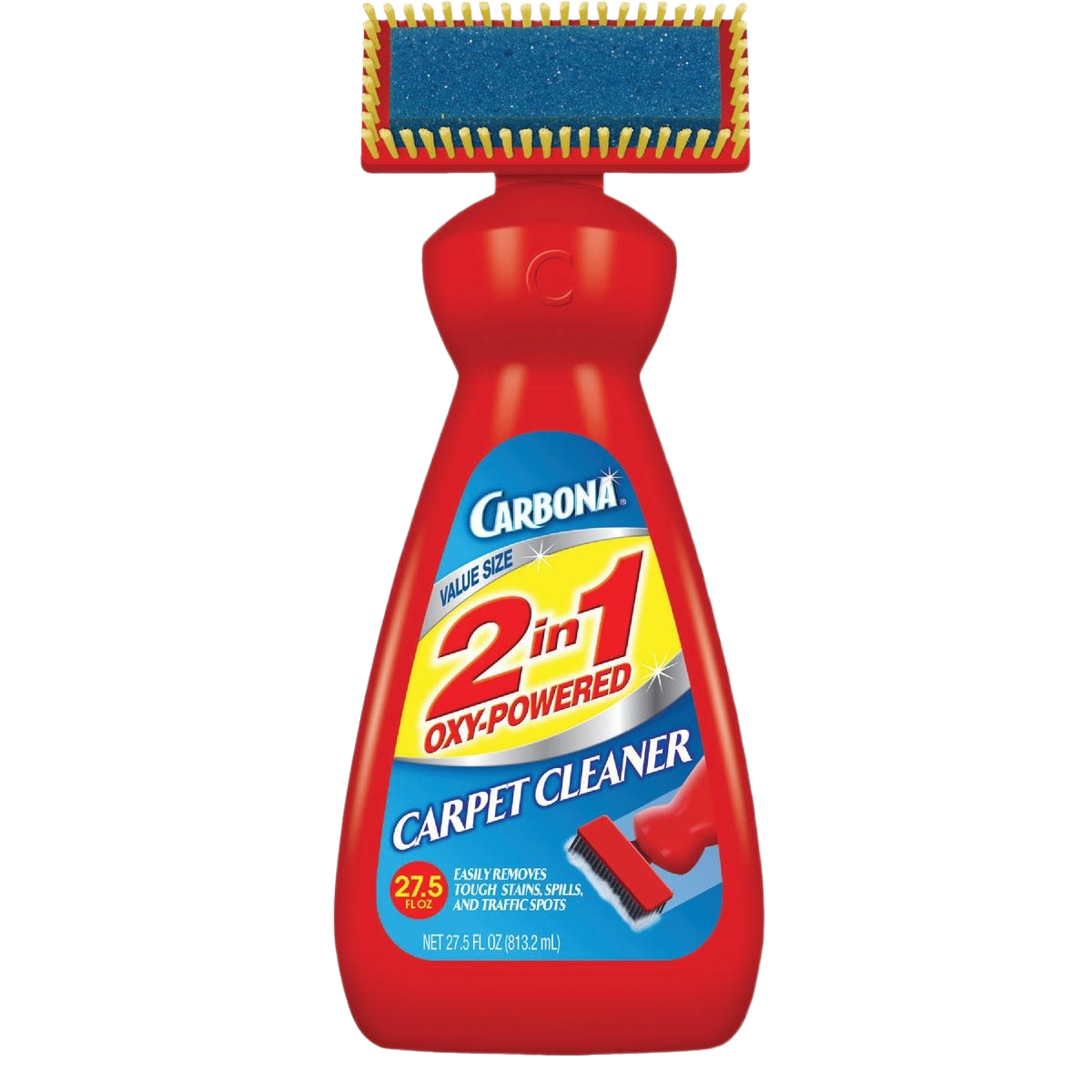 Red plastic bottle of Carbona 2-in-1 carpet cleaner with built-in brush, for floor cleaning and home care under $50 collections