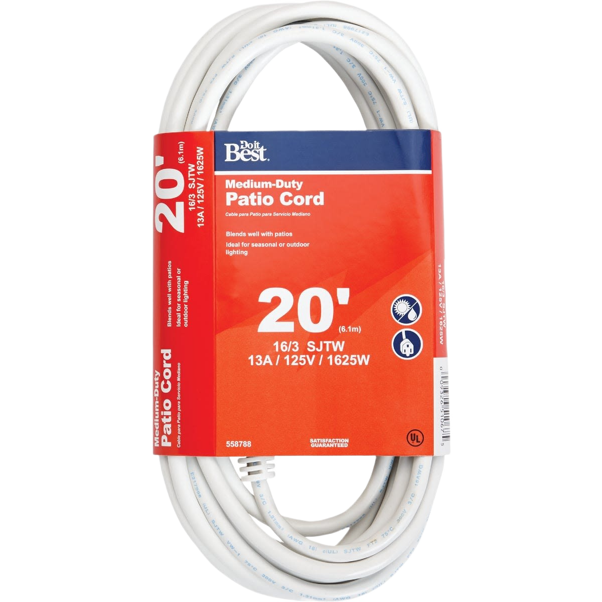 White medium-duty 16/3 patio extension cord, 20 ft length, for electrical and home improvement projects under $50 collections