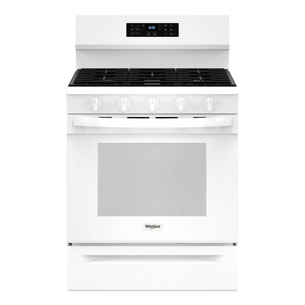 white 30-inch gas range with digital control panel, five knobs, and large oven window in kitchen appliances collection