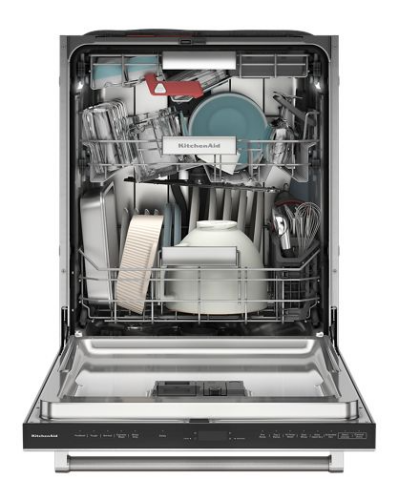 Open KitchenAid dishwasher interior loaded with mixed dishes, utensils, and cookware in stainless steel design