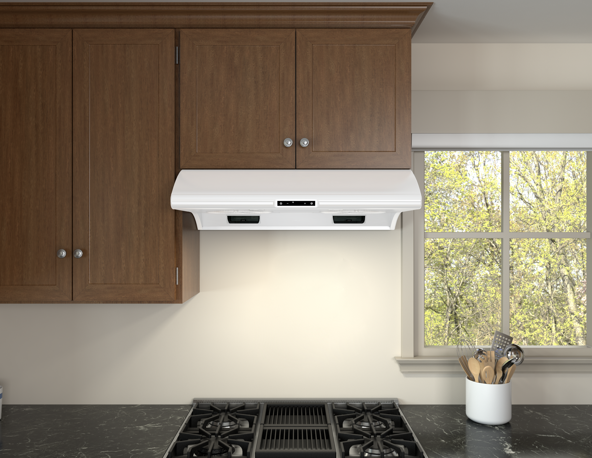 White under-cabinet range hood with LED lighting and digital controls installed between wooden kitchen cabinets above a gas cooktop, part of Range Hoods and Kitchen & Kitchenware collections.