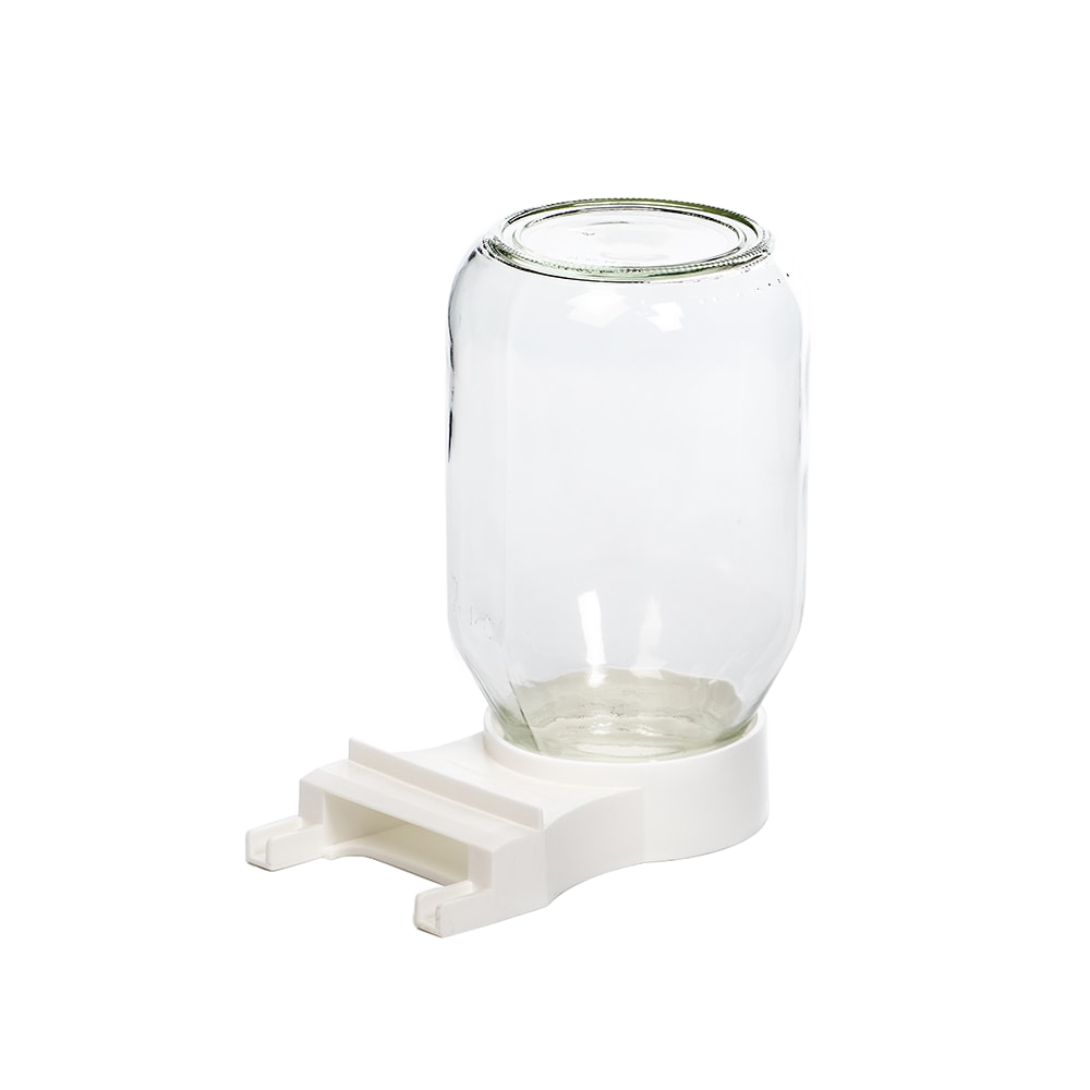 Clear glass jar with white plastic base for beehive entrance feeding in beekeeping and wildlife supplies collections