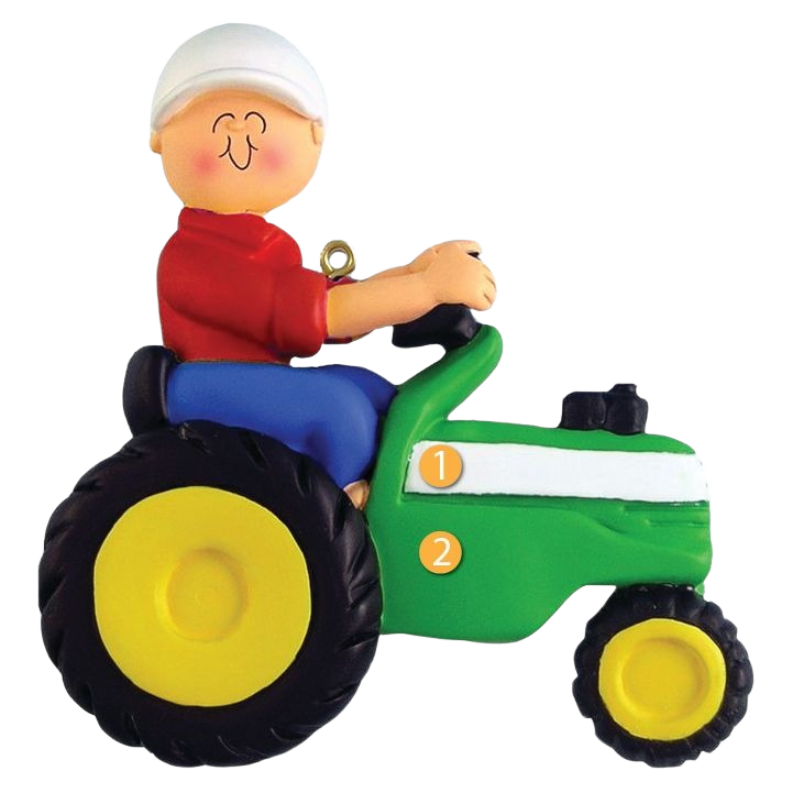 Personalized male figure riding green tractor Christmas ornament from tree decorations collection under 50 dollars