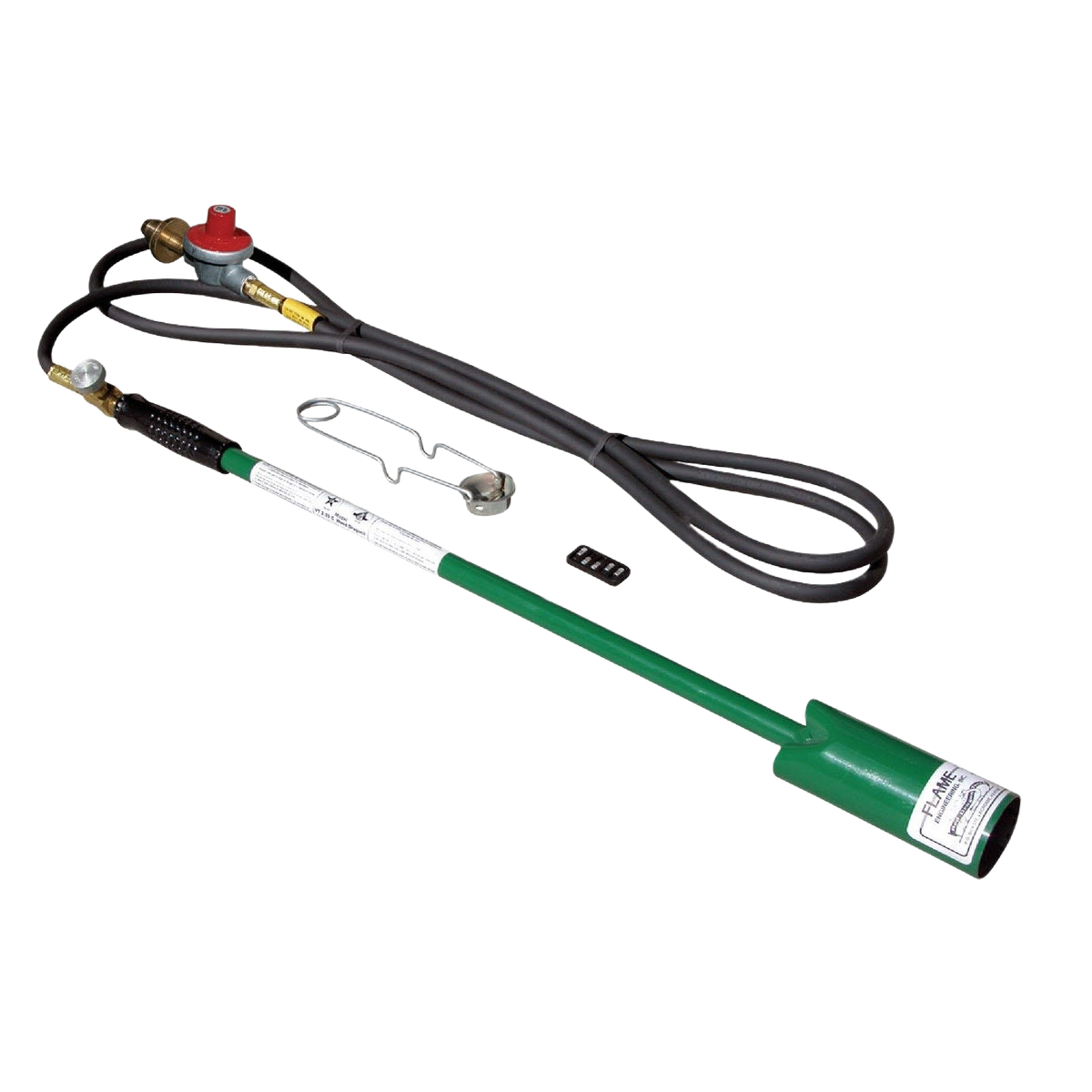 Green metal outdoor and brush torch kit with hose and regulator for lawn care and home improvement tasks