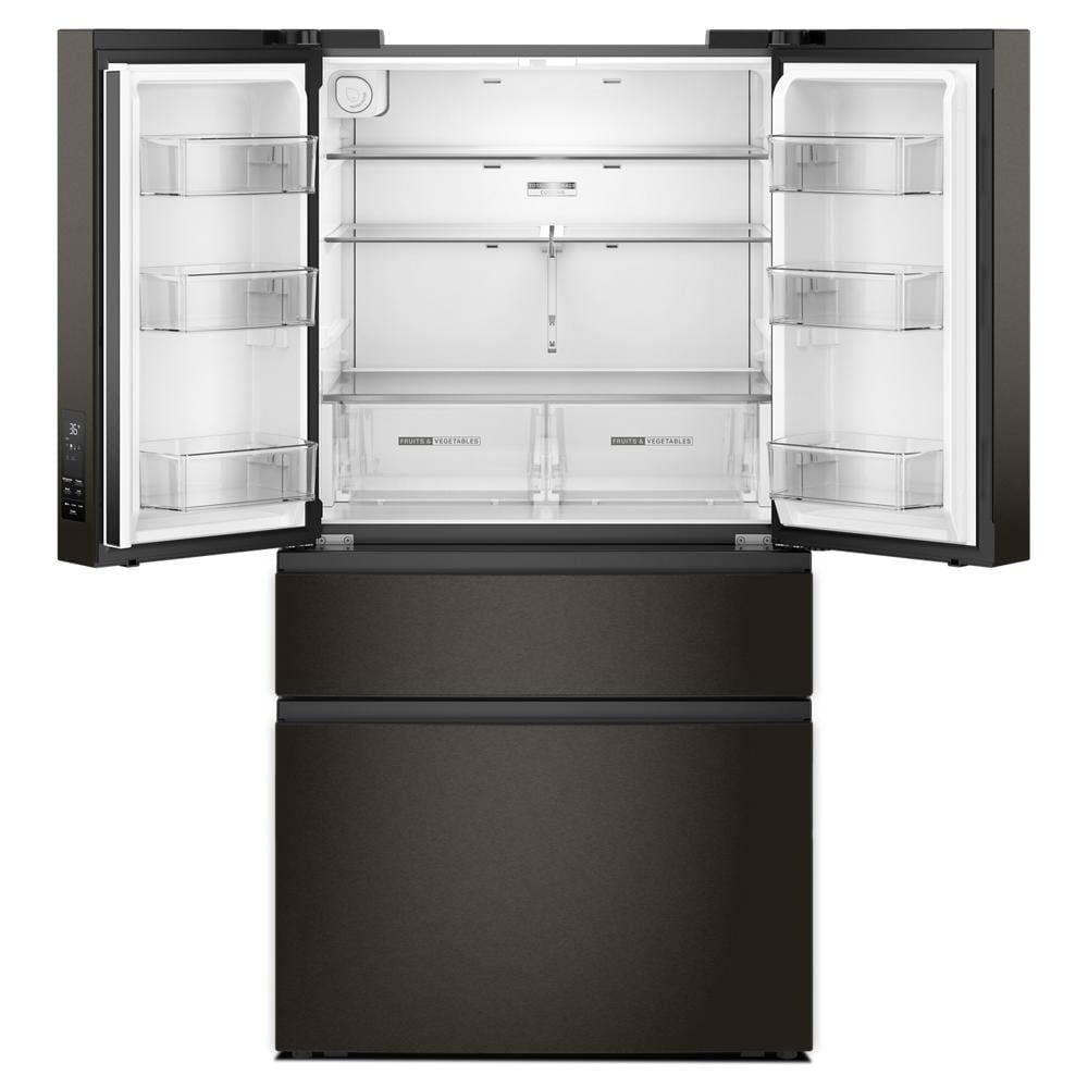 Open black French door refrigerator with spacious interior, adjustable shelves, and bottom freezer in kitchen appliances collection