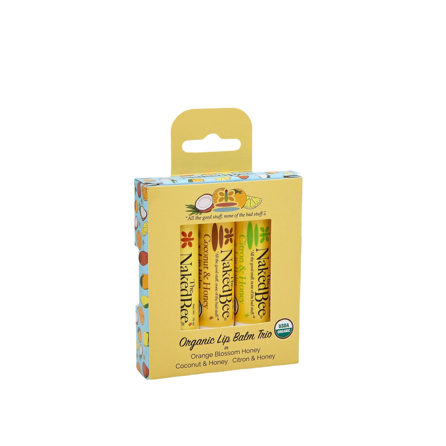 Set of three organic lip balms in Citrus, Coconut & Honey, and Orange Blossom Honey flavors for Health & Beauty collections under $50