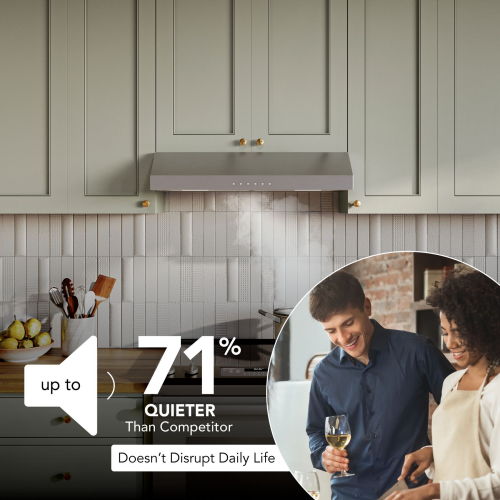Modern under cabinet range hood in kitchen with quiet operation promoting a peaceful cooking environment and home appliances collection