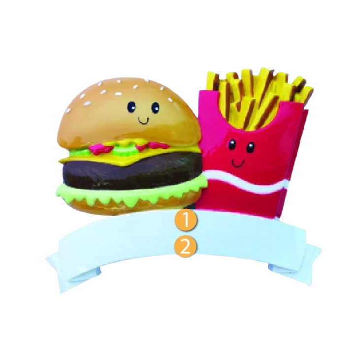 Smiling burger and fries couple ornament connected by ribbon with blank space for personalization from Christmas collection