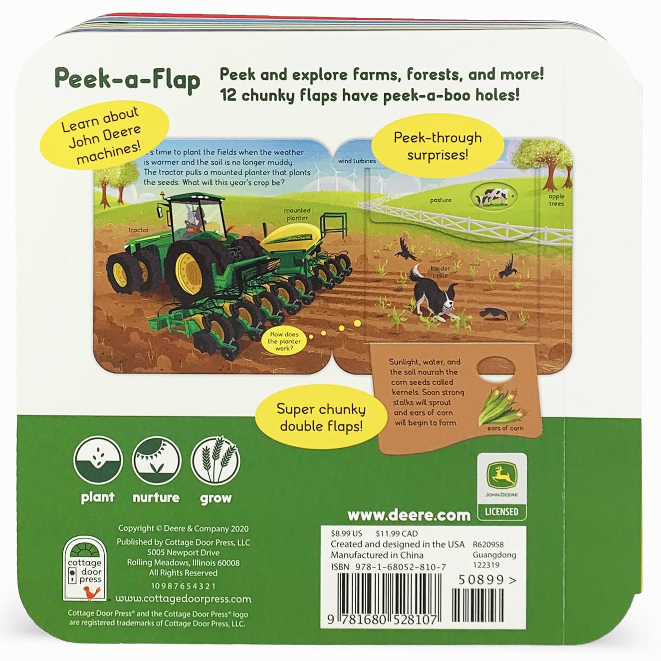 Children's farm-themed flap book showing a John Deere tractor planting seeds in a field scene