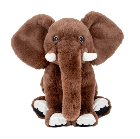 Plush brown elephant with large ears, white tusks, and detailed feet sitting on a neutral background