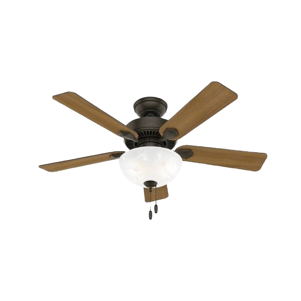 Bronze indoor ceiling fan with five wooden blades and integrated LED bowl light for home lighting and decor collections