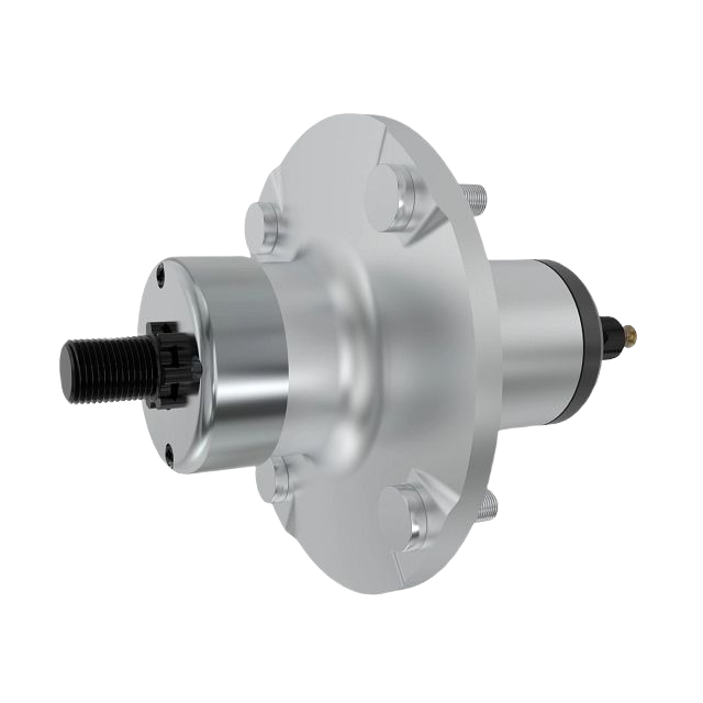 Silver metal mower blade spindle assembly with mounting studs and threaded shaft for tools and home improvement use