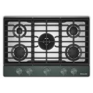 Top view of a black 30-inch gas cooktop with five burners, integrated wok grate, and five control knobs, part of Cooktops, Kitchen & Kitchenware, KitchenAid, Appliances, and Home Improvement collections.