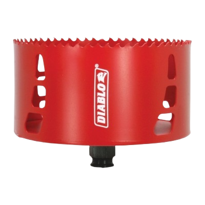Red metal hole saw with sharp cutting edges and Diablo logo for woodworking tools and home improvement projects
