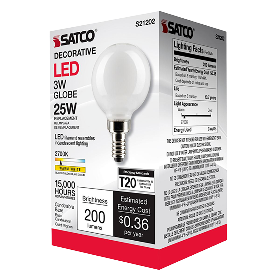 Boxed Satco 3 watt decorative LED globe bulb with candelabra base, warm white light, and energy efficiency details visible