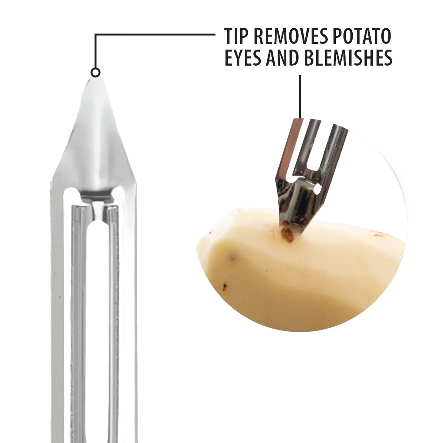 Close-up of metal peeler tip designed to remove potato eyes and blemishes in Kitchenware and Cooking Utensils collections