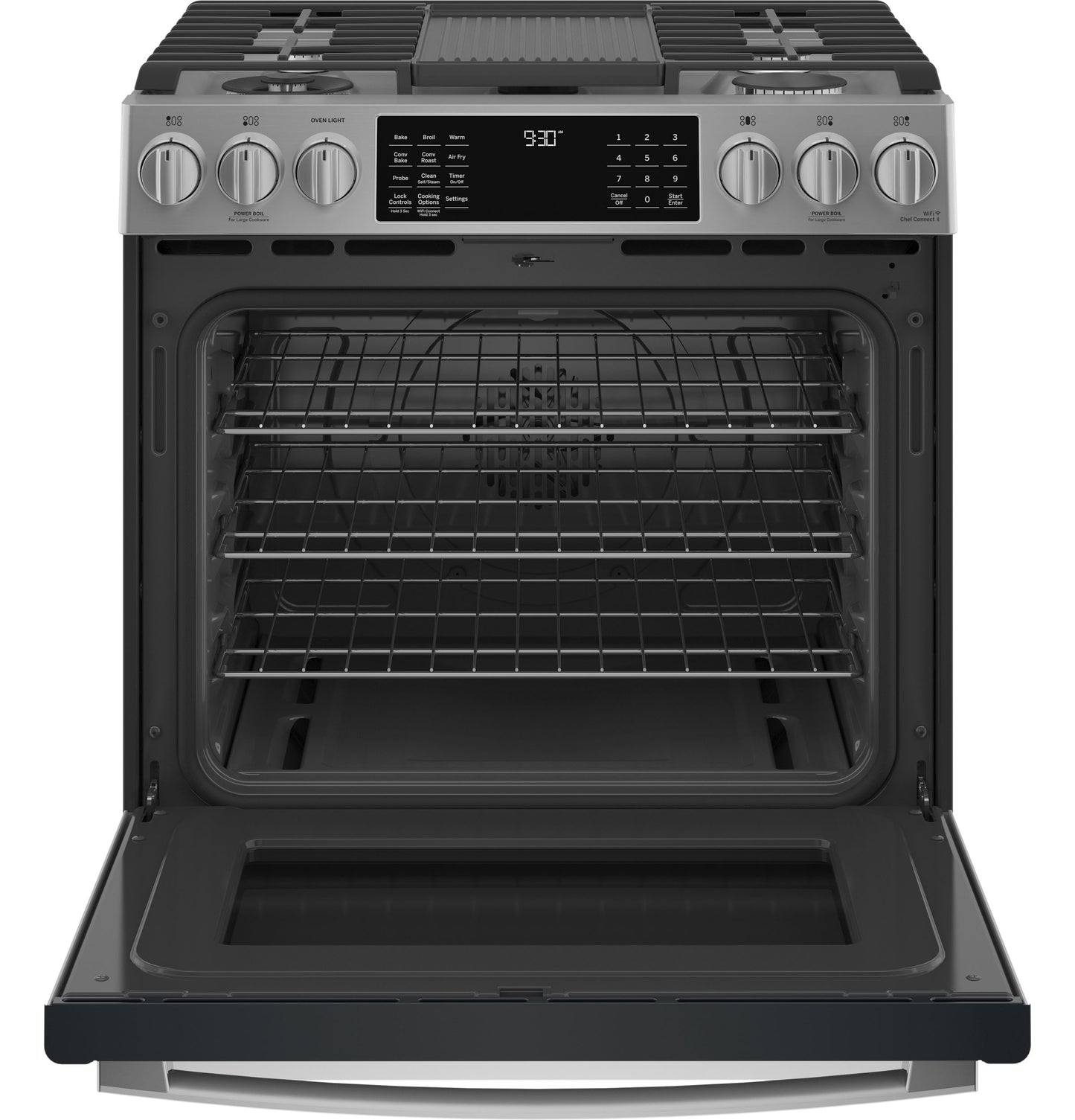 Front-control fingerprint resistant gas range with open oven door, digital display, and multiple cooking racks from kitchen appliances collection