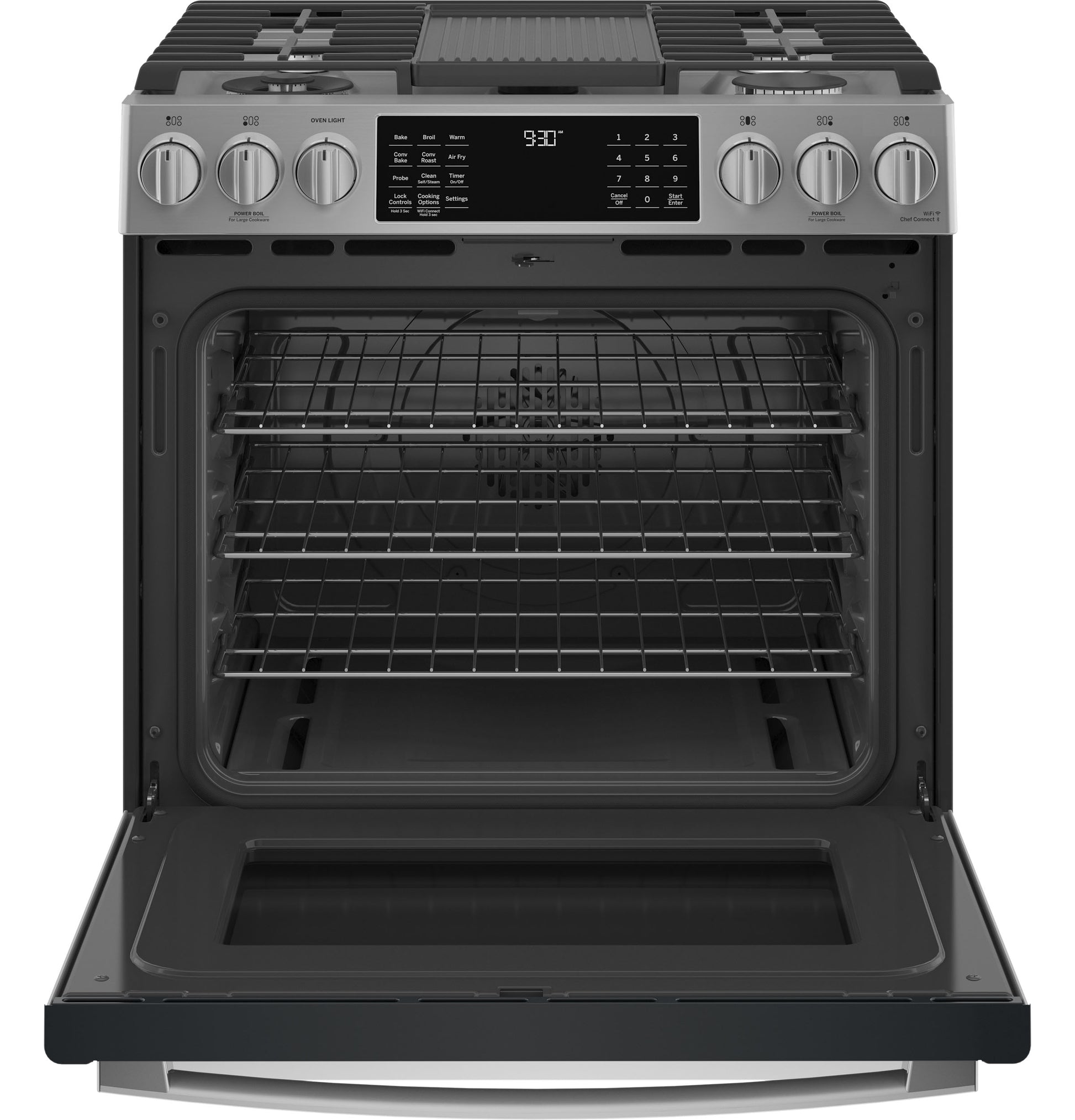 Front-control fingerprint resistant gas range with open oven door, digital display, and multiple cooking racks from kitchen appliances collection