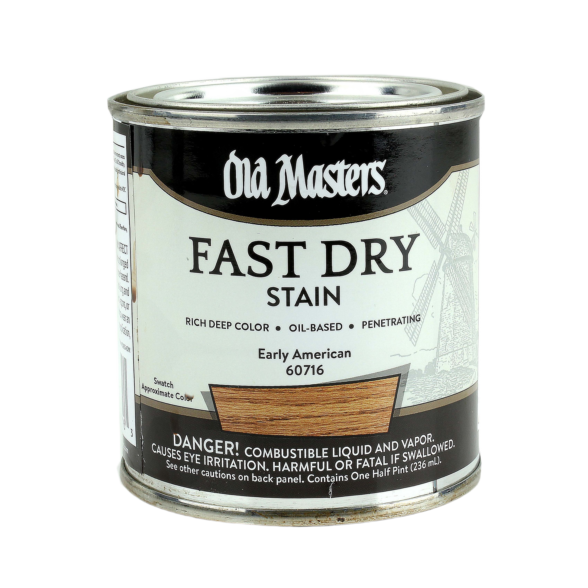 Oil-based wood stain can in vintage Early American color for interior stains and home improvement finishes