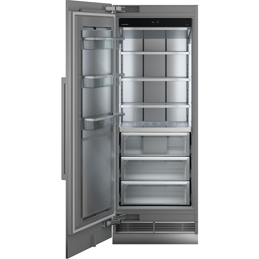 Built-in panel-ready freezer with left hinge, multiple clear shelves, drawers, and interior lighting from appliances collection