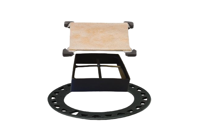 Tileable drain grate kit with black frame and support, designed for seamless tile integration in home flooring projects