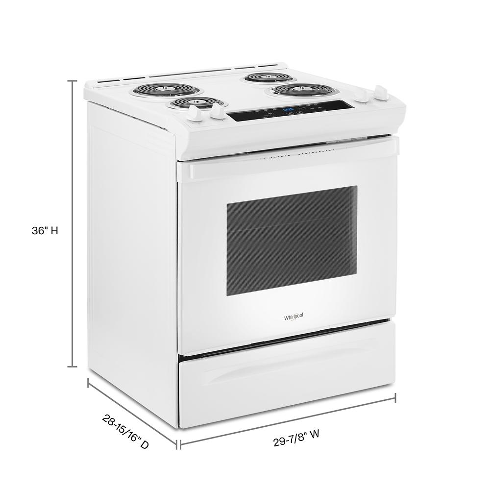 White electric range with four coil burners and digital control panel in kitchen appliances collection