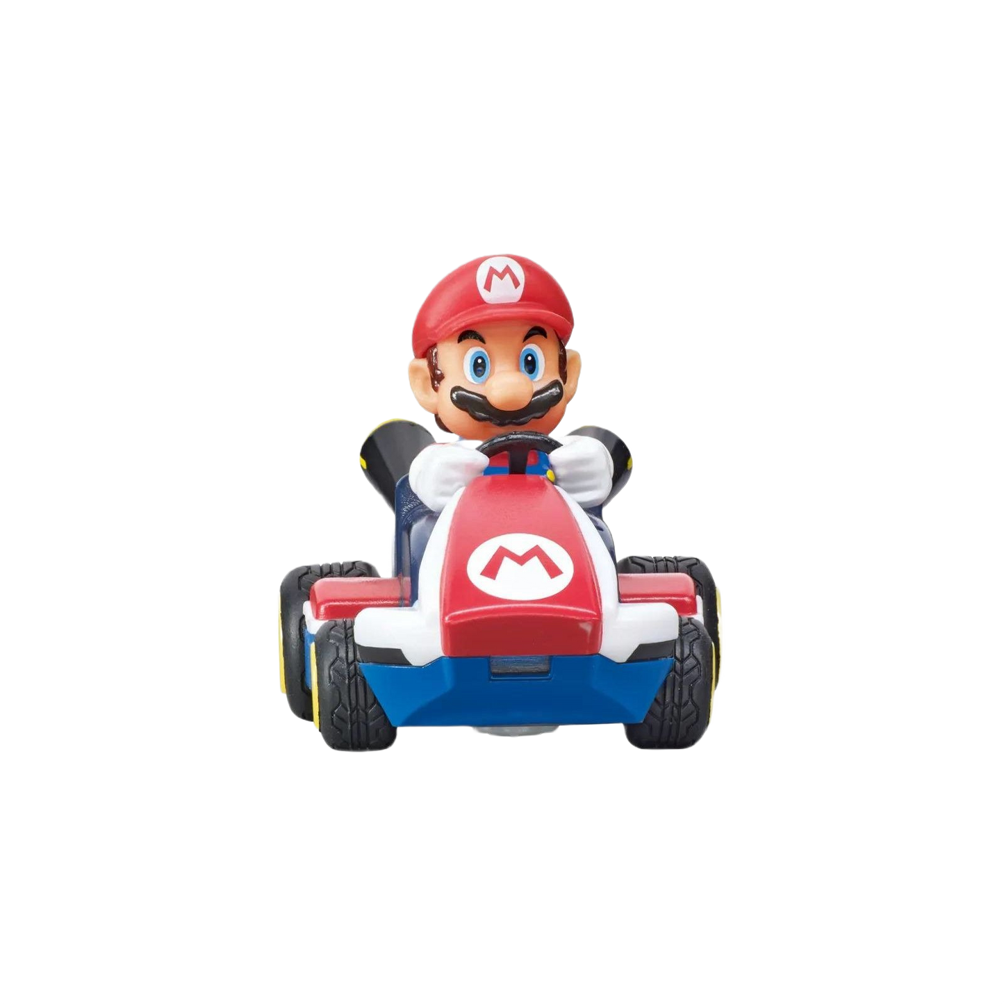 Red and blue remote control mini kart with a character dressed in red and white racing gear for collectible fans