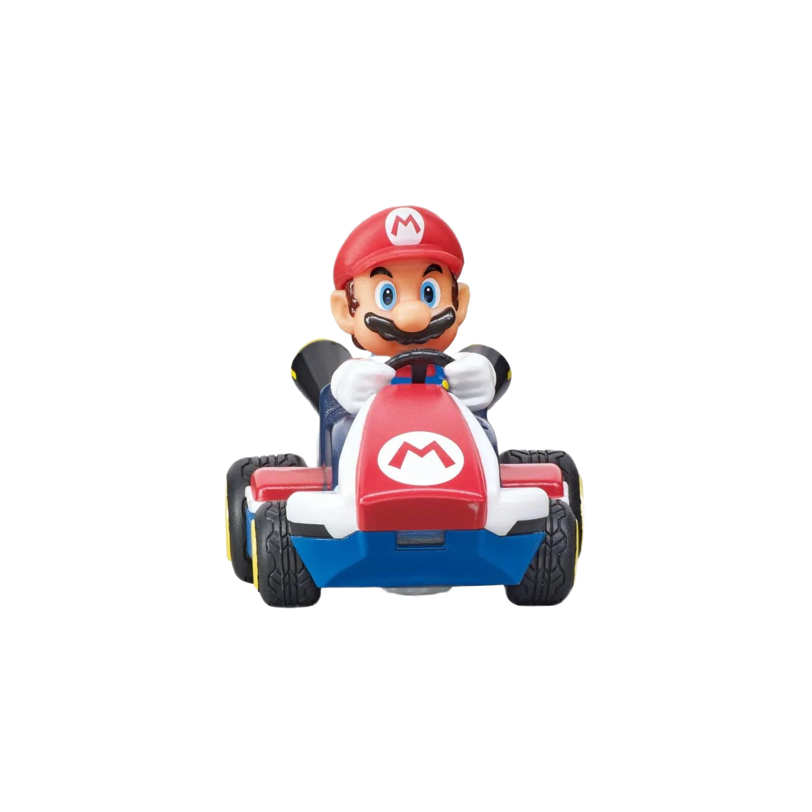 Red and blue remote control mini kart with a character dressed in red and white racing gear for collectible fans