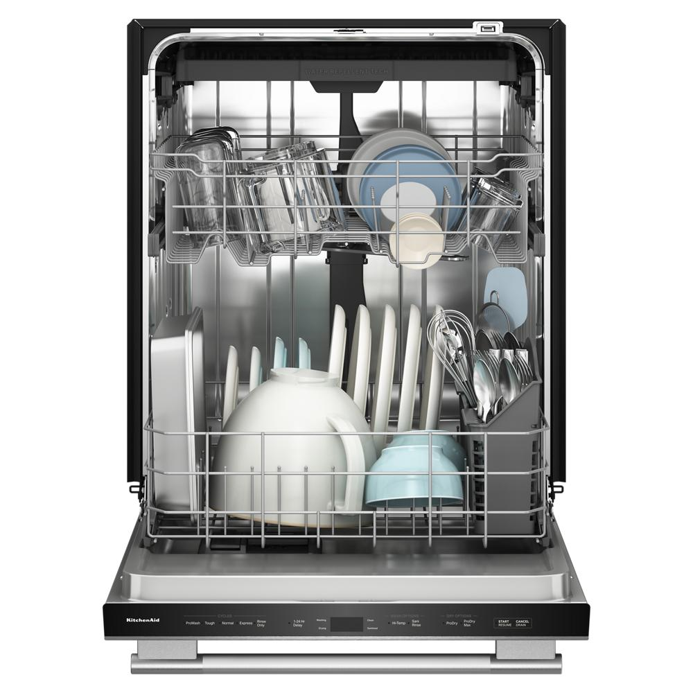 Open dishwasher with dishes, glassware, and utensils arranged on multiple racks in modern kitchen appliances setting