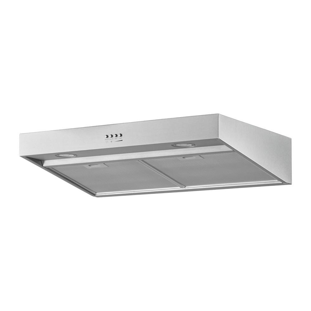 stainless steel 30" range hood with full-width grease filters and LED lighting in kitchen appliances collection
