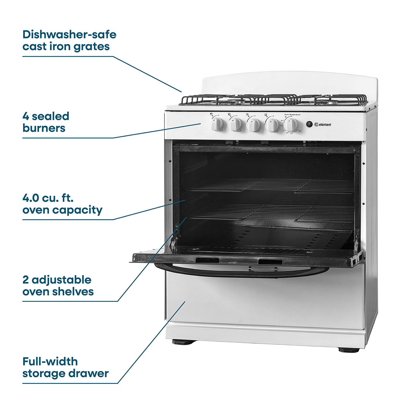 Element Electronics 4.0 cu. ft. 30", 4-Burner Gas Range (EEGR3A4MCCW)