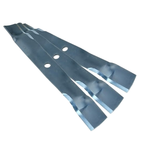 Three steel mulching mower blades with central mounting holes designed for garden and lawn equipment use