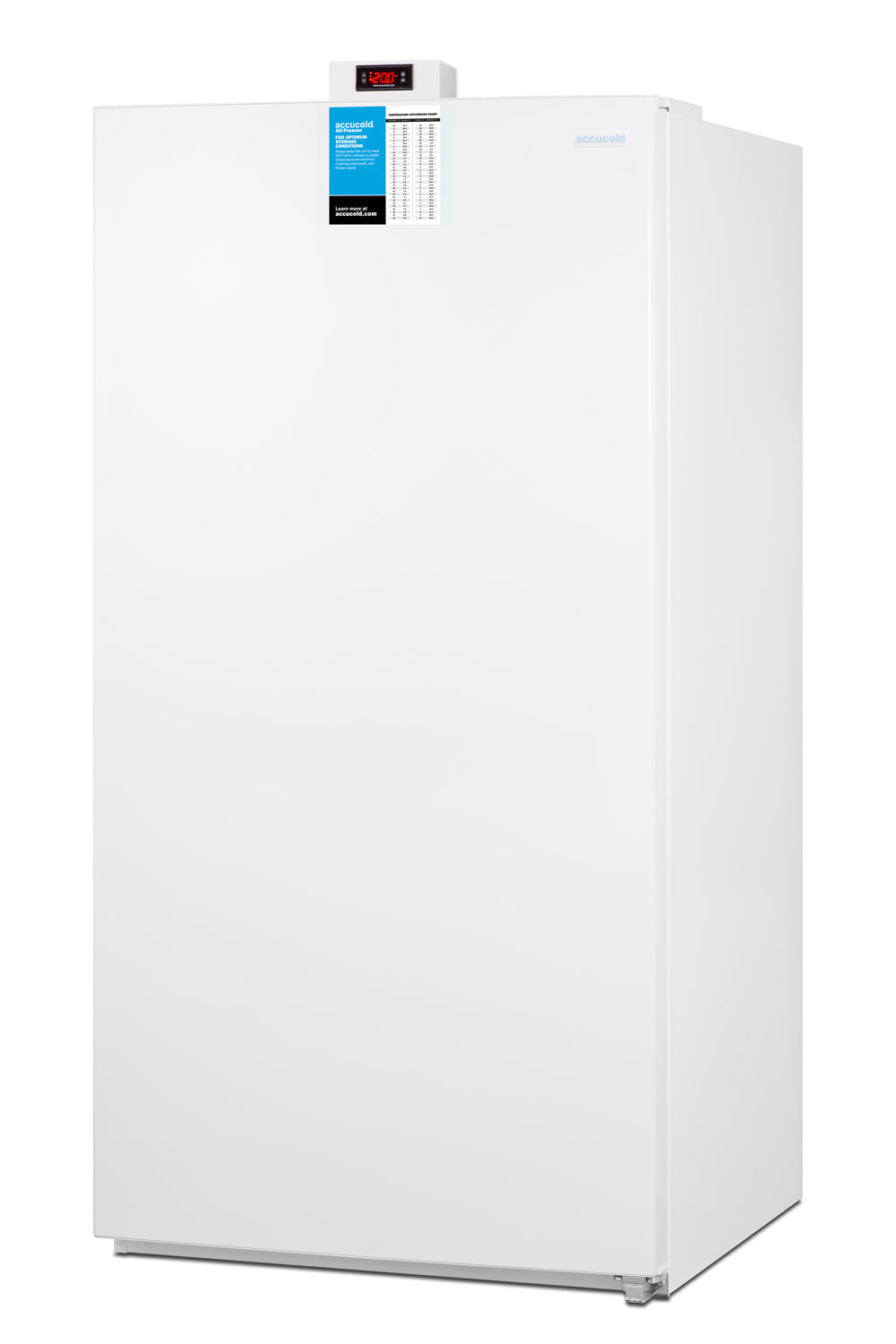 White upright all-freezer with digital temperature display, designed for freezers and kitchen appliance collections