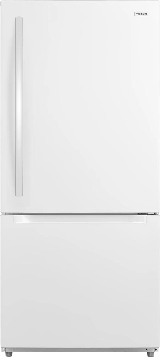 White standard-depth bottom freezer refrigerator with sleek vertical handle and minimalist design, suitable for Refrigerators and Kitchen & Kitchenware collections.