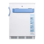 Compact built-in medical refrigerator with white finish and blue handle for secure storage in laboratory settings