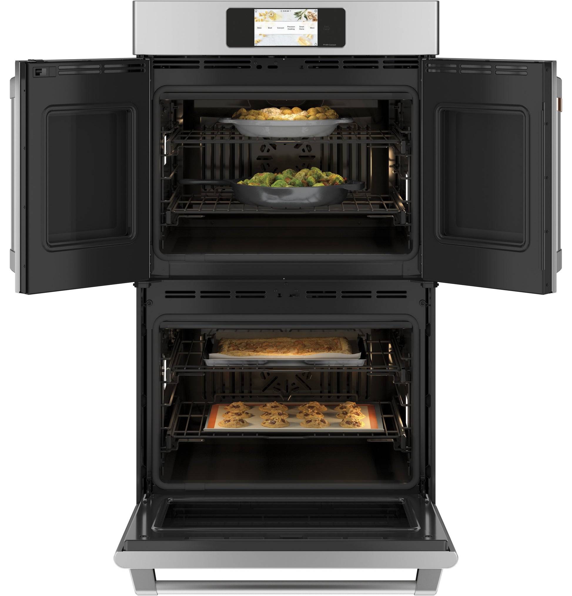 Built-in stainless steel double wall oven with convection cooking and open French doors from Double Wall Ovens collection